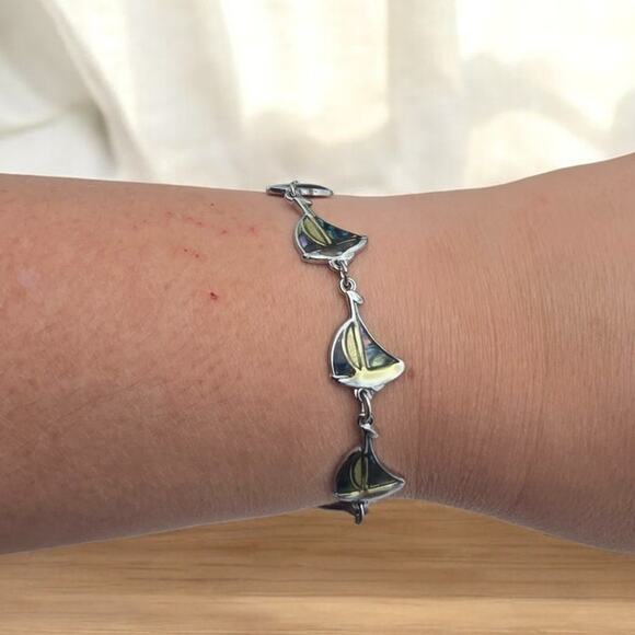 Shell Abalone Inlay Sailboat Silver Bracelet - Picture 2 of 6